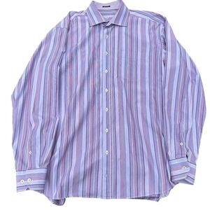 Bugatchi Uomo Mens Purple Striped Long Sleeve Button Down Shirt Classic Fit XL